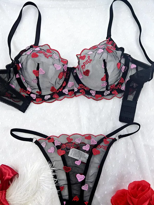 Women's Heart Embroidery Bra & Thong Two-piece Set, Sexy Comfy Breathable Lingerie Set for Daily Wear, Women's Underwear Set for All Seasons 3