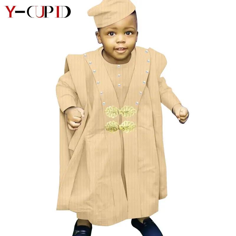 African Boy Outfit Bazin Riche Muslim Jacquard 4 Pieces Sets Tee Pant Robes and Cap Kids Children Suits Agbada Outwear Y234017 6