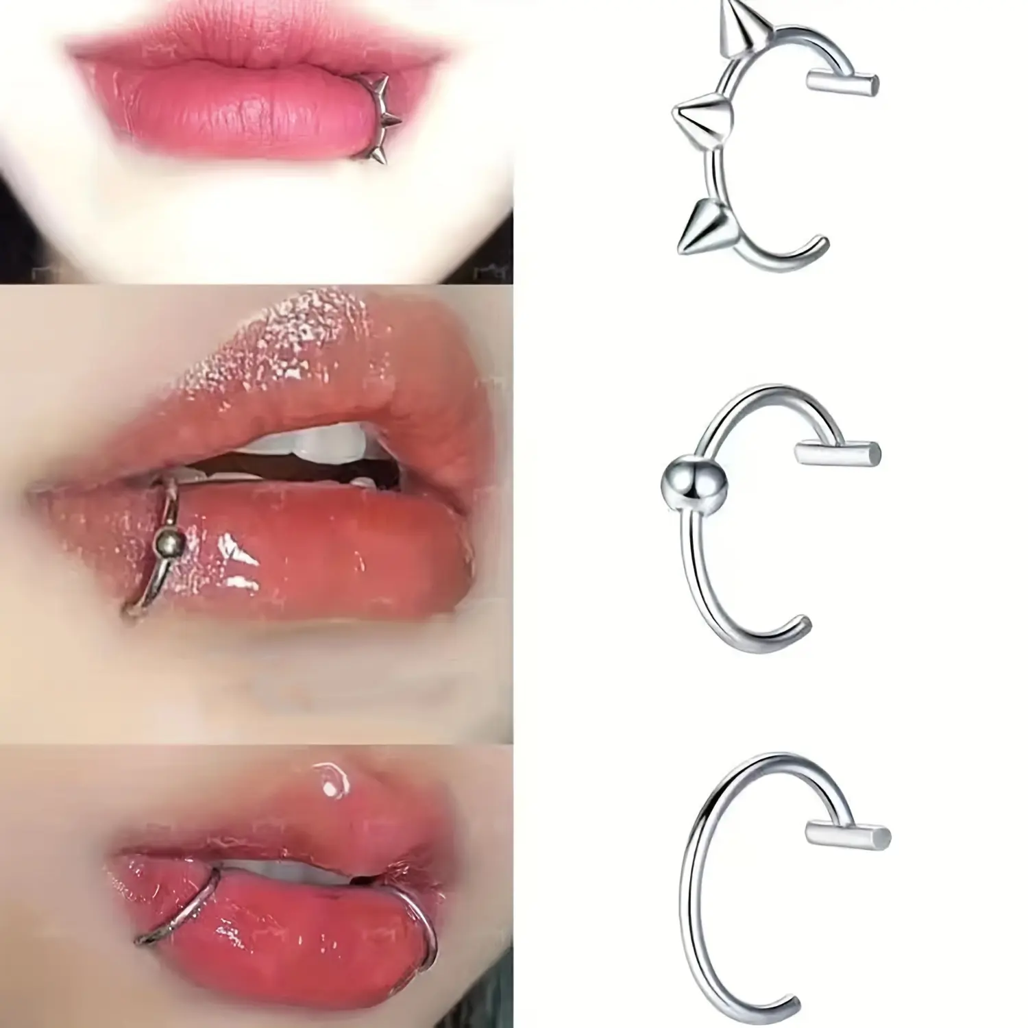 3pcs Clip On Lip Ring Set Hip Hop Style Stainless Steel Lip Ring Jewelry Decoration Fake Piercing Jewelry Set
