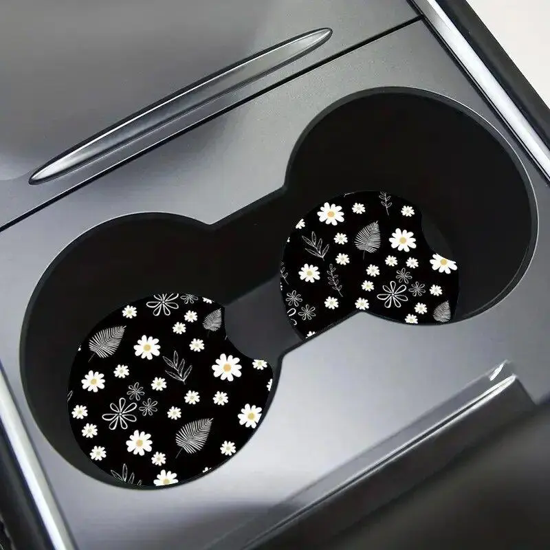 Daisy Pattern Car Coaster, Round Anti-slip Car Cup Holder Coaster, Car Interior Decoration Accessories for Women & Men