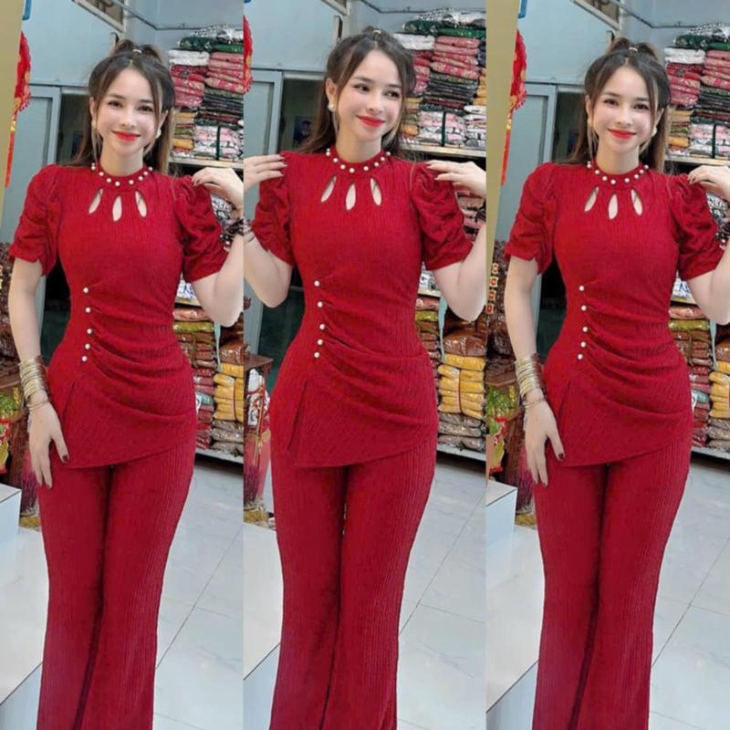 TH20- SÉT ĐỒ BỘ THUN XỐP ÁO KIỂU TAY NHÚN THUN - QUẦN ỐNG LOE Nữ Nhung Women Top