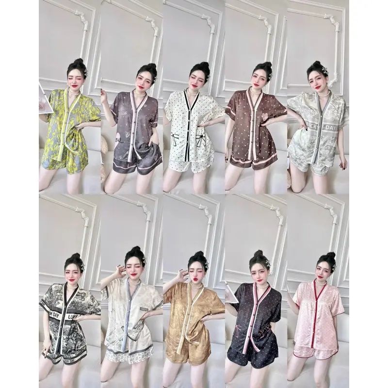 Đồ bộ đùi nữ cổ v - lụa vân gấm phi mã - 2 size 40-58kg và 58-70kg  Women top Áo
