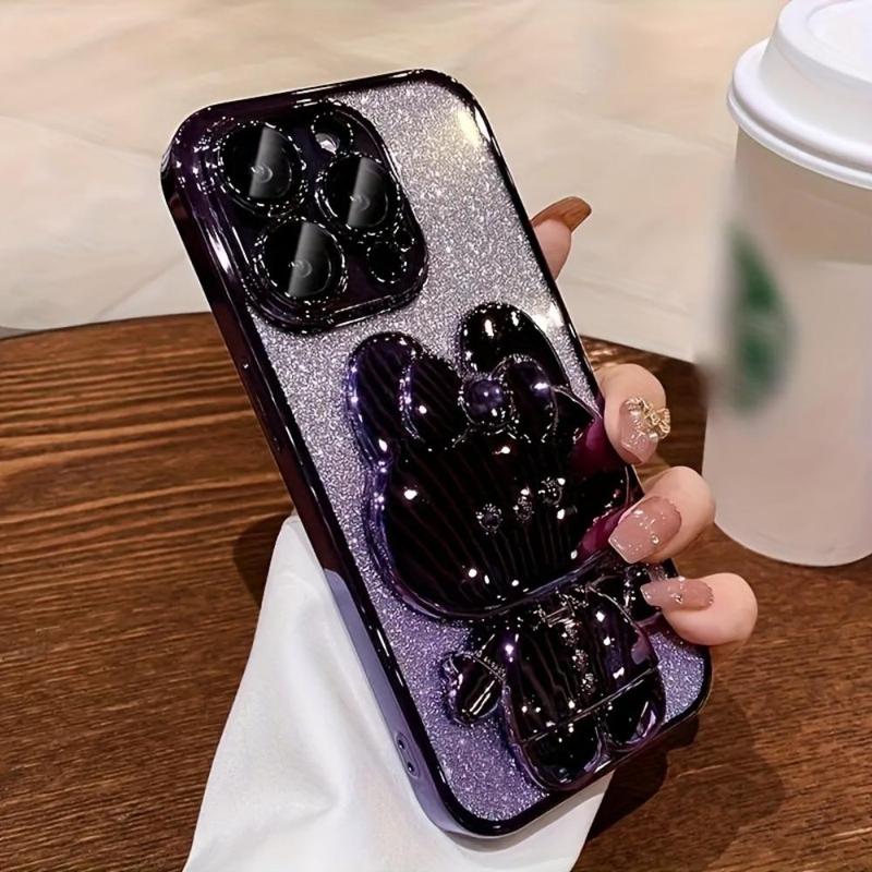 Cute Bunny Design Phone Case with Camera Lens Protector & Hidden Mirror Holder, Shockproof Phone Protective Cover, Phone Accessory Compatible with iPhone 15 14 13 12 11 Pro Max Plus 5