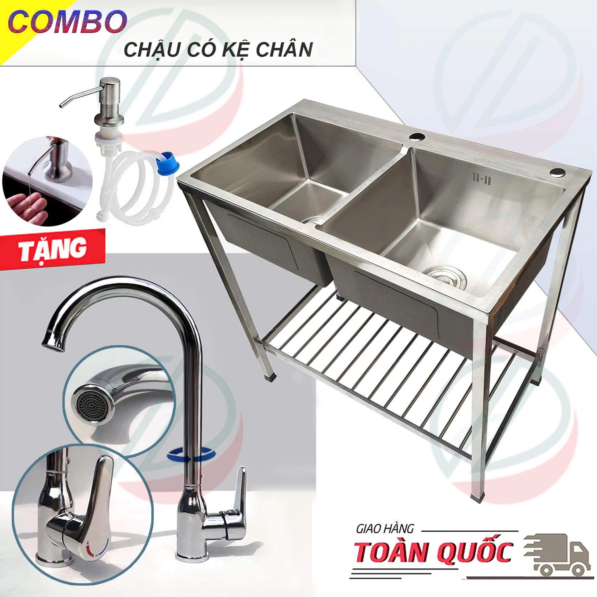 Chậu Rửa Chén Bát Inox 2 Hộc 82x45cm Có Chân Kèm Vòi Nóng Lạnh KAZTA - Gồm kệ chân cao 81cm, chậu, vòi, bộ xả