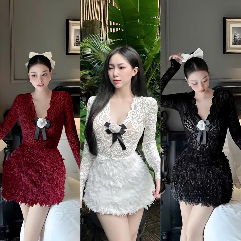 BIGSIZE HIẾU HIẾU 55-95KG - Set thời trang nữ sang chảnh Áo ren tay dài kèm tag hoa + Chân váy phối tua rua