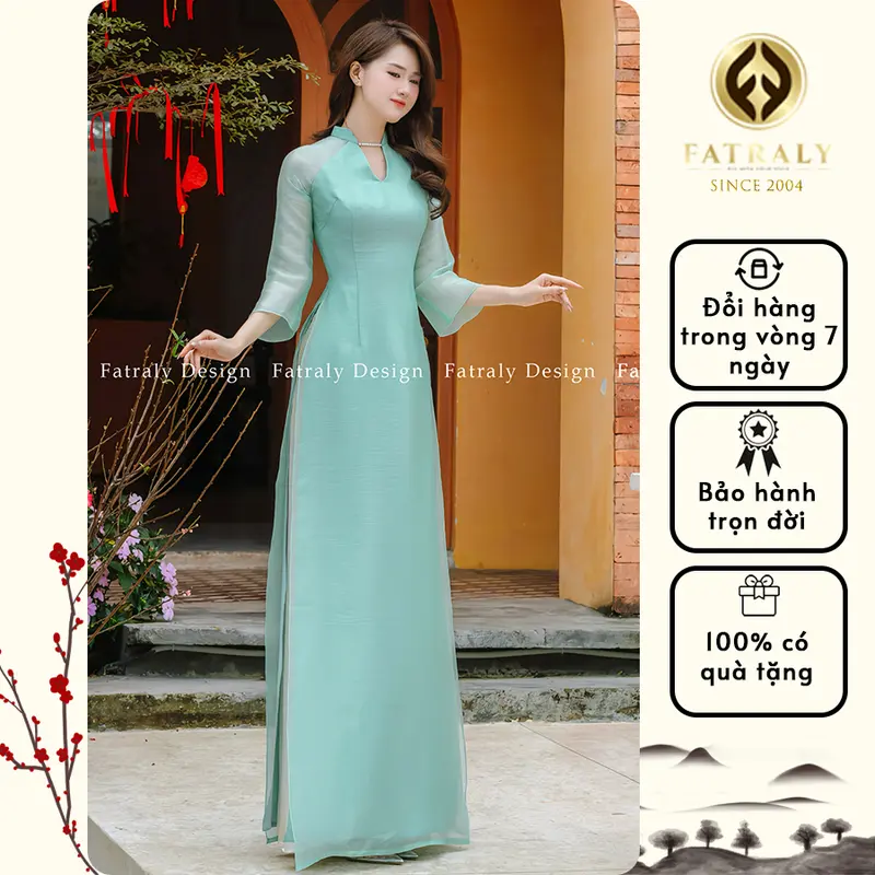 Áo dài nữ Fatraly thiết kế 4 tà màu xanh vải tơ lót lụa cao cấp 0
