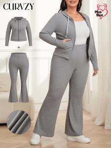 CURVZY Plus Size Two-Piece Set Solid Drawstring Pocket Hoodie & Flare Leg Pants Set, Casual Long Sleeve Hooded Sweatshirt & Bell Bottom Trousers, Women's Spring & Fall Clothes