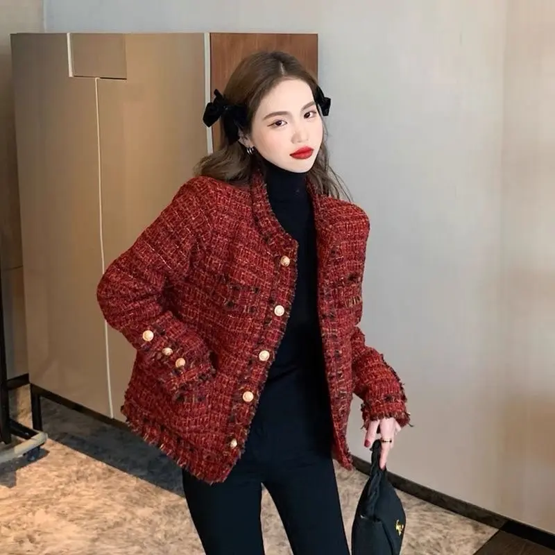 store_xo - Korean Blazer Tweed Red Maroon (S-M-L-XL) Premium Full Furing Wanita Atasan Panjang 0
