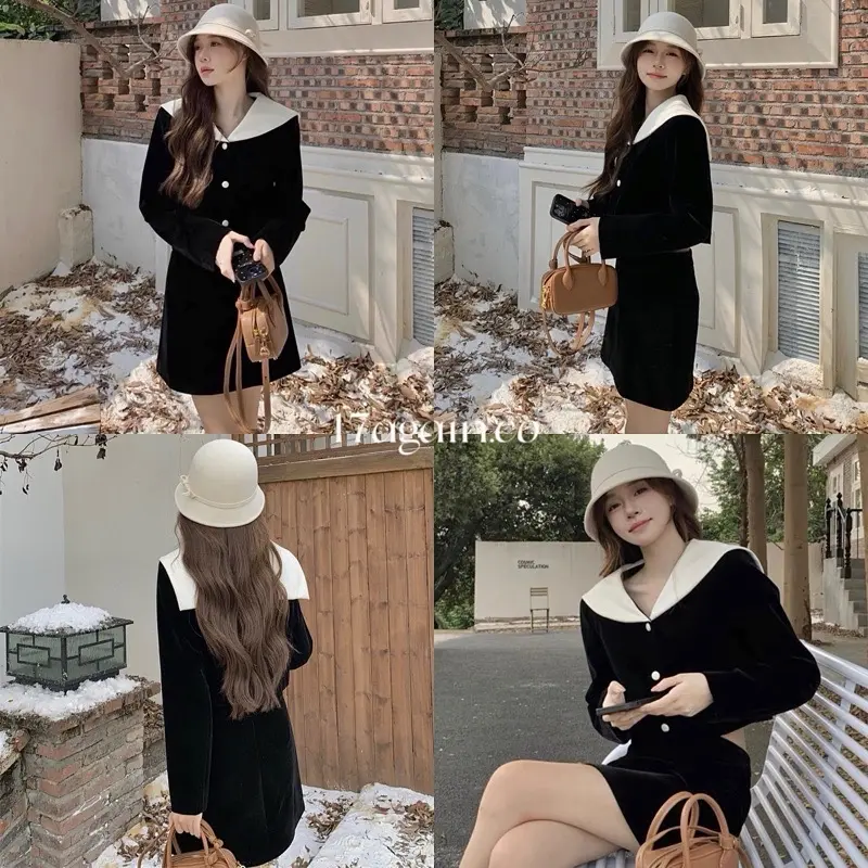 Set váy nhung cổ bèo trắng tiểu thư mix chân váy nhung