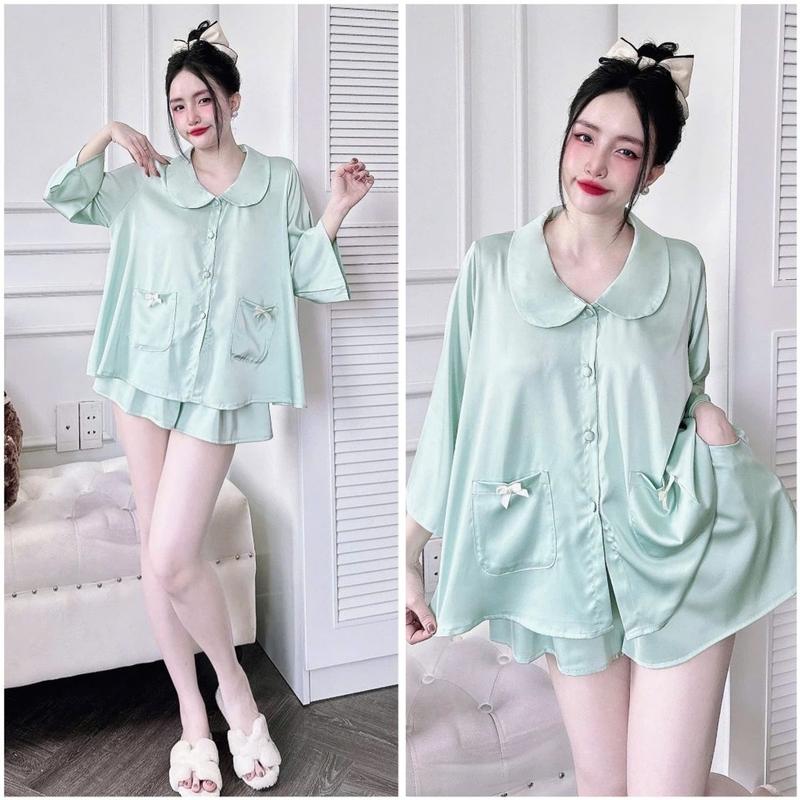 Đồ Ngủ Pijama Lụa HEUN YOUNG Bộ Đồ Pijama Áo Cổ Sen Tay Lửng Quần Đùi Lụa Latin Mềm Mịn Freesize 45-65kg Women Nữ Kem 3