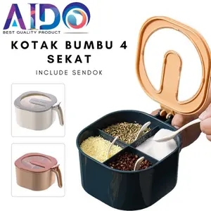 AIDO Tempat Bumbu 4 In 1 Kotak Bumbu 4 SEKAT Penyimpanan Garam Gula Merica Bubuk Dapur Wadah Kitchenware PP Berkualitas Tinggi dengan Tutup Transparan dan 4 Sendok