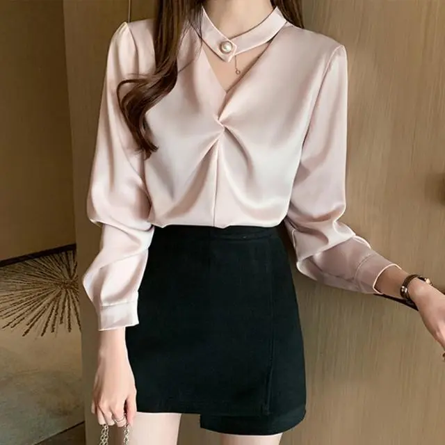 Áo Sơ Mi Lụa Giả Cho Nữ, Áo Dài Tay, Thiết Kế Mới, Thời Trang Đặc Biệt, Đa Năng, Duyên Dáng, Lớp Cơ Sở, Mùa Xuân 3