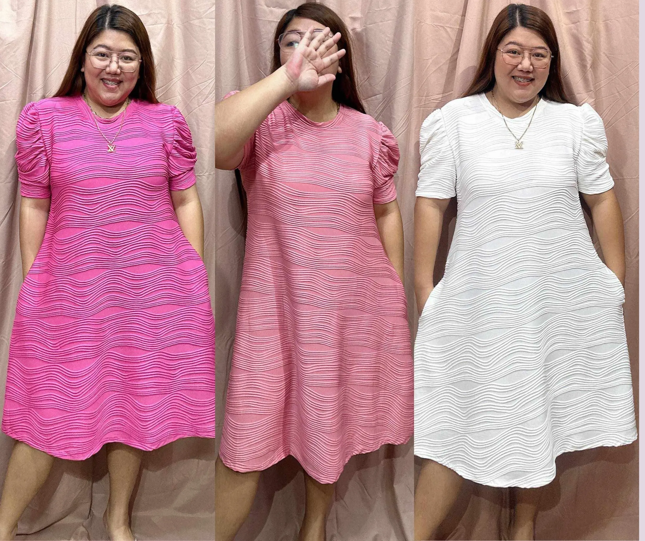 Diana Puffed Sleeve dress Plus Size XL-3XL Round Neck Casual Formal Dress  with Pocket Puff Sleeve Elegant Crepe Bark Fabric