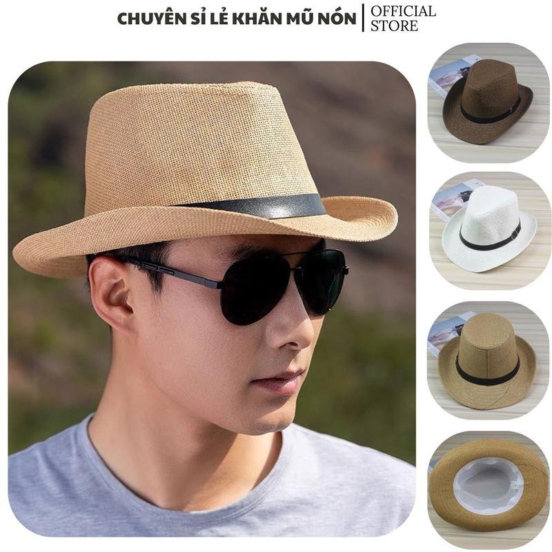 Mũ phớt cói vành cong, nón fedora vành rộng đai da dành cho nam và nữ Hat Nón