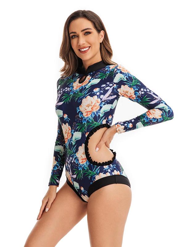 Women's Floral Print Frill Trim Cut Out One-piece Swimsuit, Elegant Mandarin Collar Long Sleeve Racing Swimwear for Beach Holiday Vacation, Ladies Swimsuit for All Seasons 4