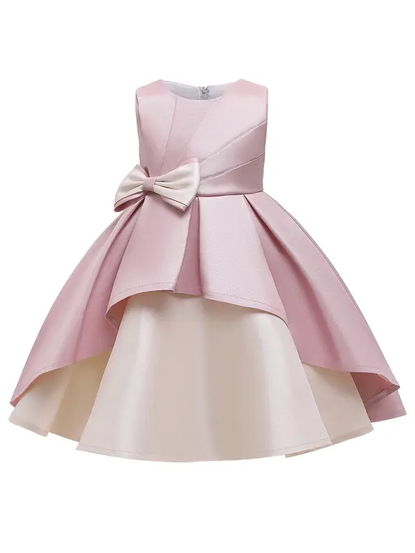 Girl's Solid Bow Front Plicated A Line Dress, Elegant Bow Back Sleeveless Round Neck Tulle Dress For Wedding Party, Kids Partywear For All Seasons 7