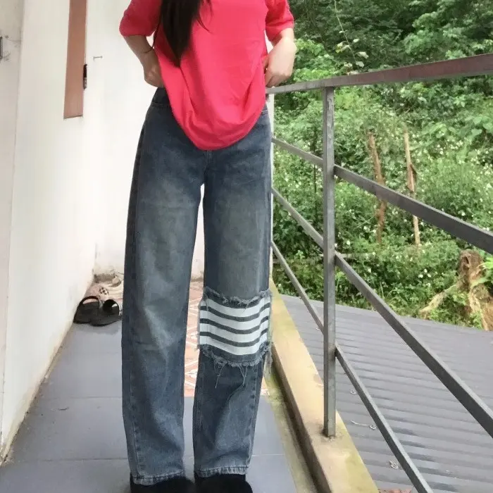 Quần jean nam nữ phối kẻ sọc gối, quần bò jean ống rộng dáng unisex, quần bò ống suông 4 vạch gối dành cho cả nam và nữ [xanh/đen]