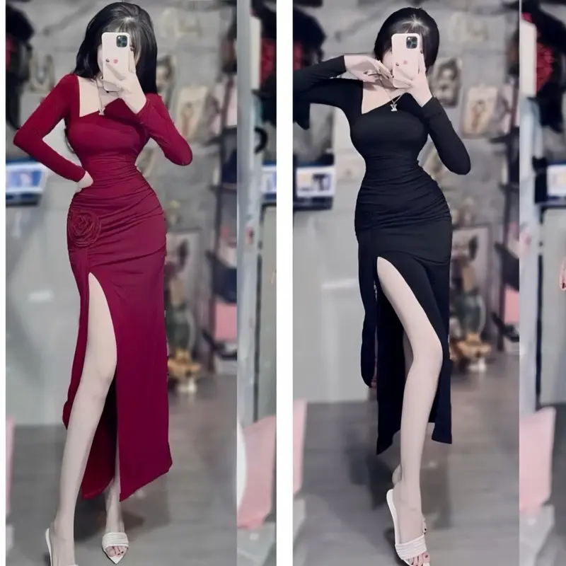 V159 - Đầm Body Tay Dài Lệch Vai Nhúng Eo Hoa  Chất Thun Mịn 1