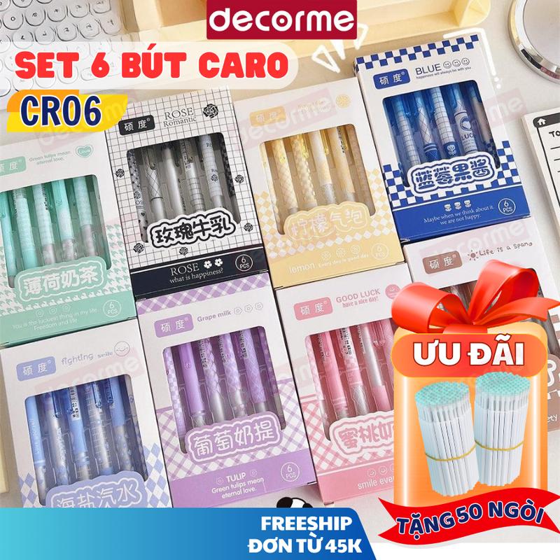Hộp 6 bút Caro CR06 gel mực đen Decorme bút bấm ST tone pastel ngòi 0,5m họa tiết kẻ caro nhiều màu
