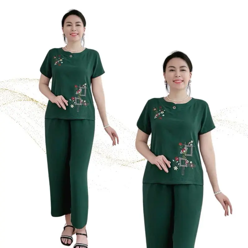 Y33 Đồ bộ trung niên Quần dài chất đũi mềm nhẹ, không nhăn, thấm hút mồ hôi, họa tiết thêu tỉ mỉ, phom dễ mặc, có size 40-75kg Nữ Women