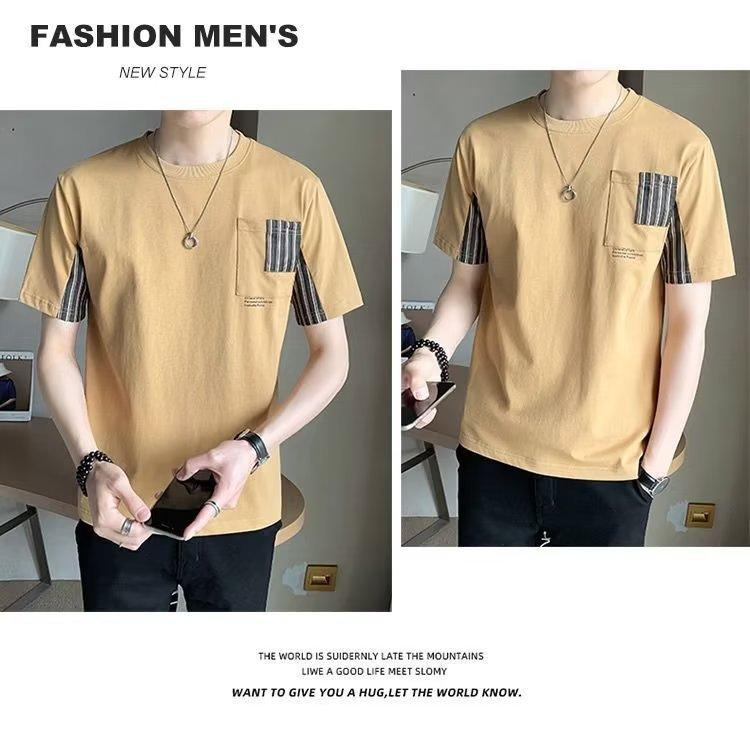 Product Introduction of Summer Men's Striped Stitching Short-Sleeved T-shirt Men's Fashion Brand Summer Pocket round Neck Half-Sleeved T-shirt Trendy Loose Top T Menswear Lingerie 7