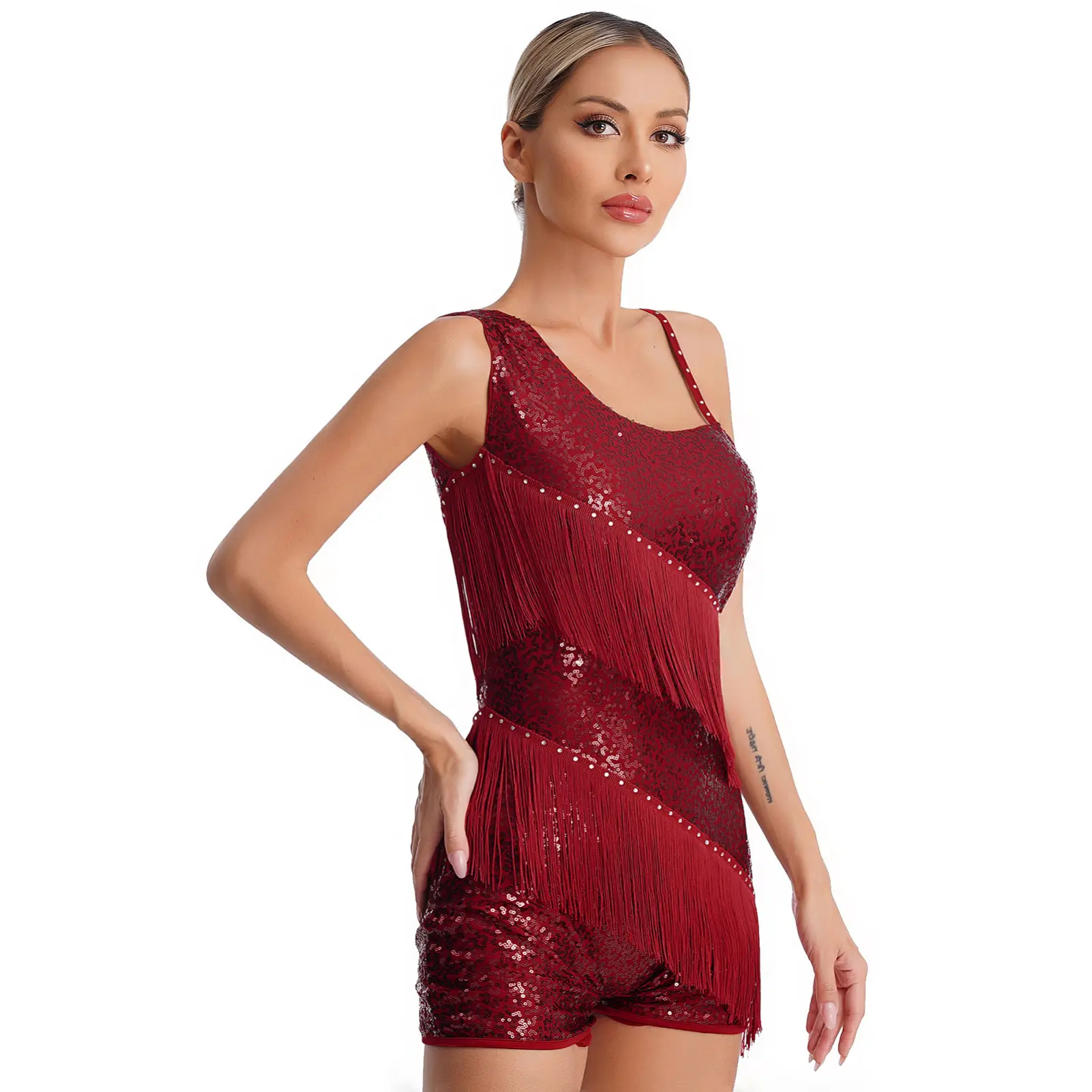 Bộ Đồ Tập Luyện Thể Dục Dụng Cụ Áo Lót Kim Sa Lấp Lánh Cho Nữ, Unitard, Tua Rua Tua Rua, Trang Phục Khiêu Vũ Latin, Biketard, iEFiEL