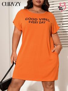 CURVZY Plus Size Letter Print Batwing Sleeve Tee Dress, Casual Short Sleeve Round Neck Short Dress for Summer, Women's Plus Clothing for Daily Wear