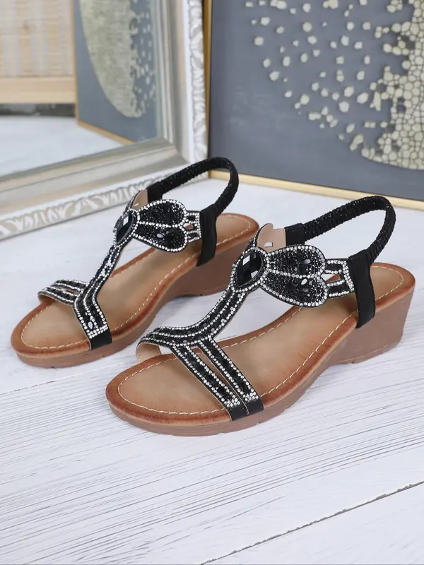 Women's Fashionable Rhinestone Decorated Slip on Wedge Sandals, Boho Style Open Toe Sandals for Beach Vacation, All-match Casual Versatile Shoes for Daily Wear, Summer 4