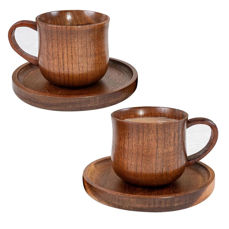 Wooden Handle Coffee Cup & Coasters Set, 2/4 Counts/set Vintage Tea Cup, Multi-purpose Drinking Cup for Home Office Use 0