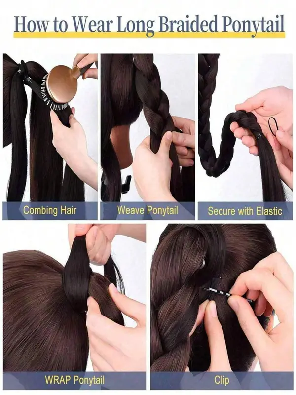 34 Inch Long Braided Ponytail Extension, Natural Fluffy Synthetic Hair Extensions with Elastic Hair Tie, Fashionable Hair Accessories for Women & Girls 3