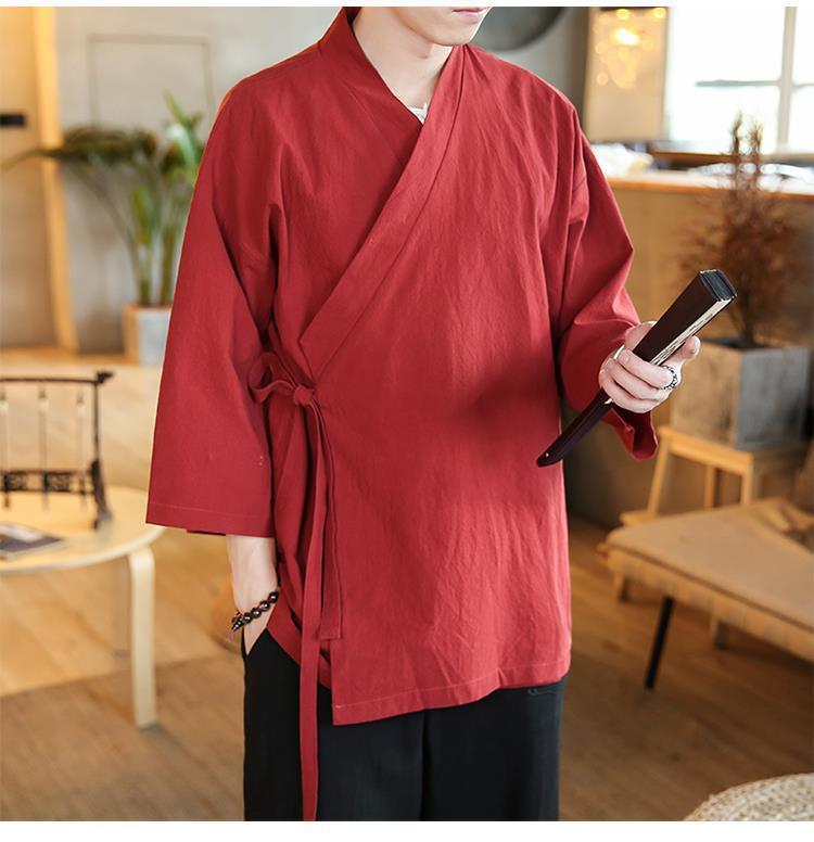 Product Introduction of Quần Áo Ba Phần Tư Tay Áo Cho Nam, Áo Có Ve Áo Mùa Hè Phong Cách Trung Quốc, Quần Áo Phật Giáo Thiền Lay, Quần Áo Trà Phong Cách Cổ Xưa, Áo Choàng Vải Lanh Cotton 16