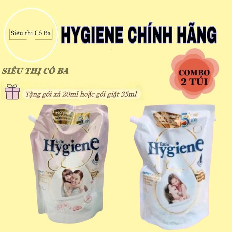 Combo 2 Túi Nước Xả Vải Hygiene Trắng 1100ML + Hồng Baby 1100ML Kèm Gói Giặt 35ML Hoặc Gói Xả 20ML Làm Sạch Kem Cho Bé