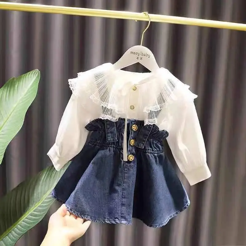 Bộ Đồ Hai Mảnh Thời Trang Cho Bé Gái, Áo Sơ Mi Váy Hai Dây Denim, Áo Dài Tay, Thích Hợp Cho Bé Trẻ Sơ Sinh Từ 1-6 Tuổi, Thích Hợp Cho Mùa Xuân Và Mùa Thu Tã