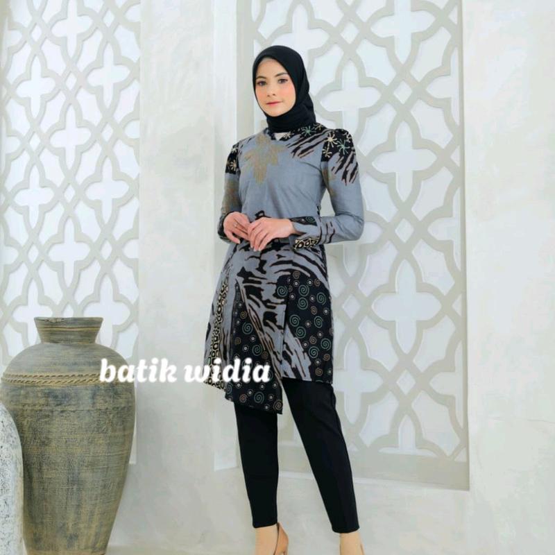 Tunik Batik Modern Wanita Lengan Panjang Puffy Shoulder Tunik Mustika By Batik Widia Katun Motif Seragam Kerja 6