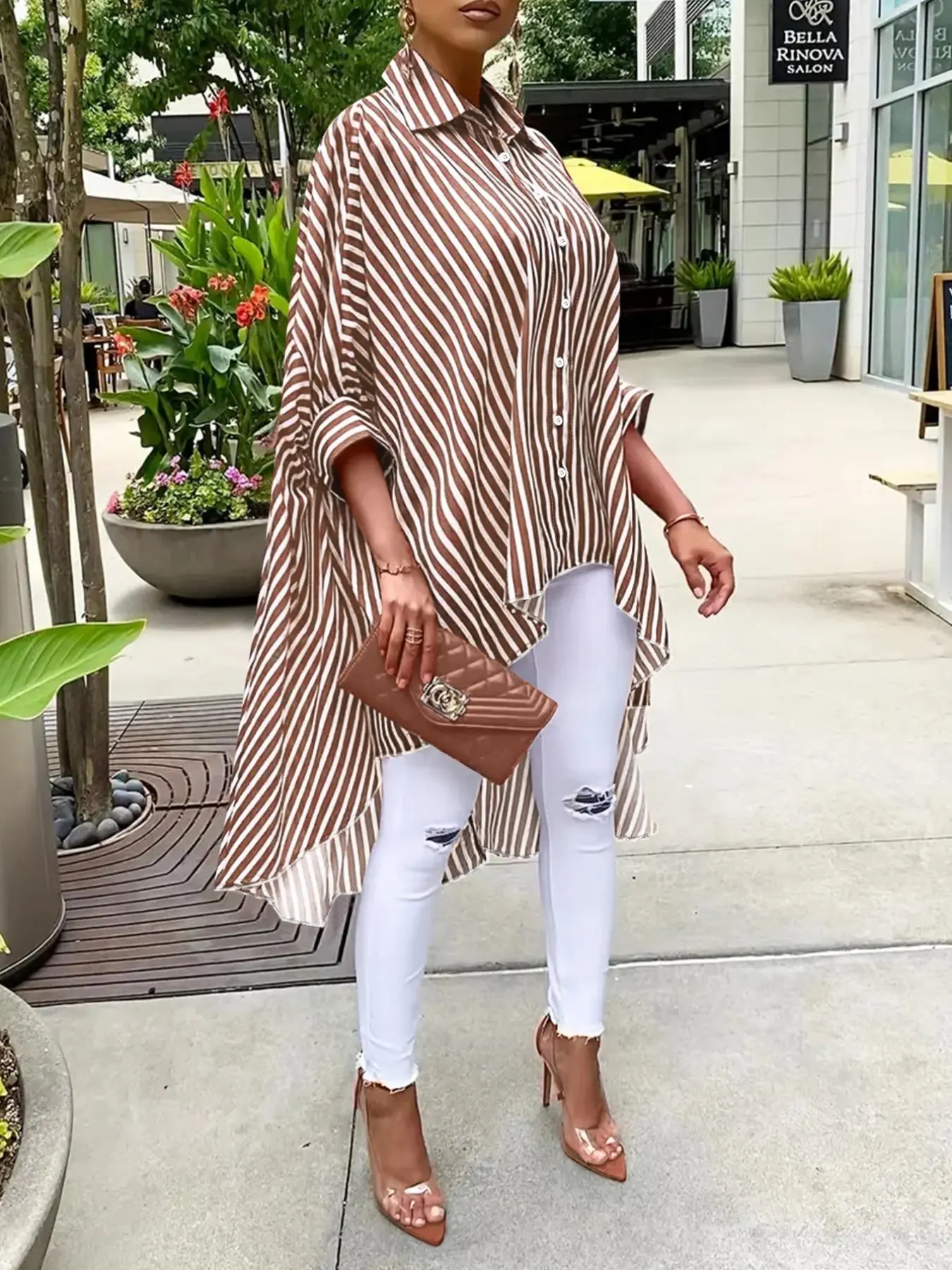Women's Striped Print Button Front Shirt, Casual 3/4 Sleeve Collared Top for Spring, Ladies Clothes for Daily Wear