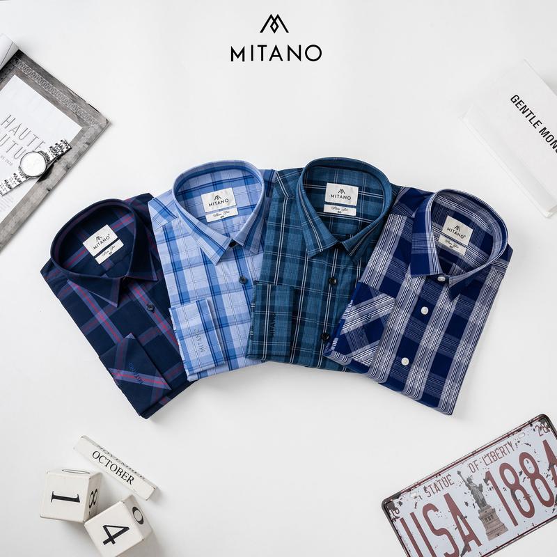 Áo sơ mi nam dài tay kẻ caro Mitano slimfit, không túi ngực, vải bamboo.