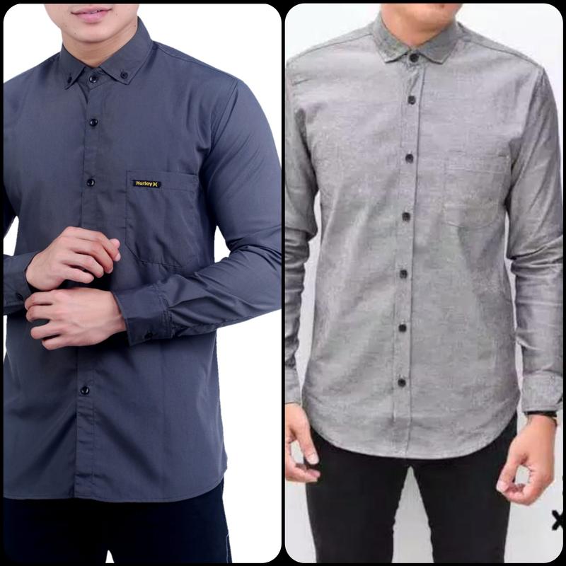 kemeja polos lengan panjang kemeja kantor kemeja kasual Polos Hitam Putih Slim-fitting Crew Neck Santai Katun Formal Kancing Kerah Simple Slimfit 7