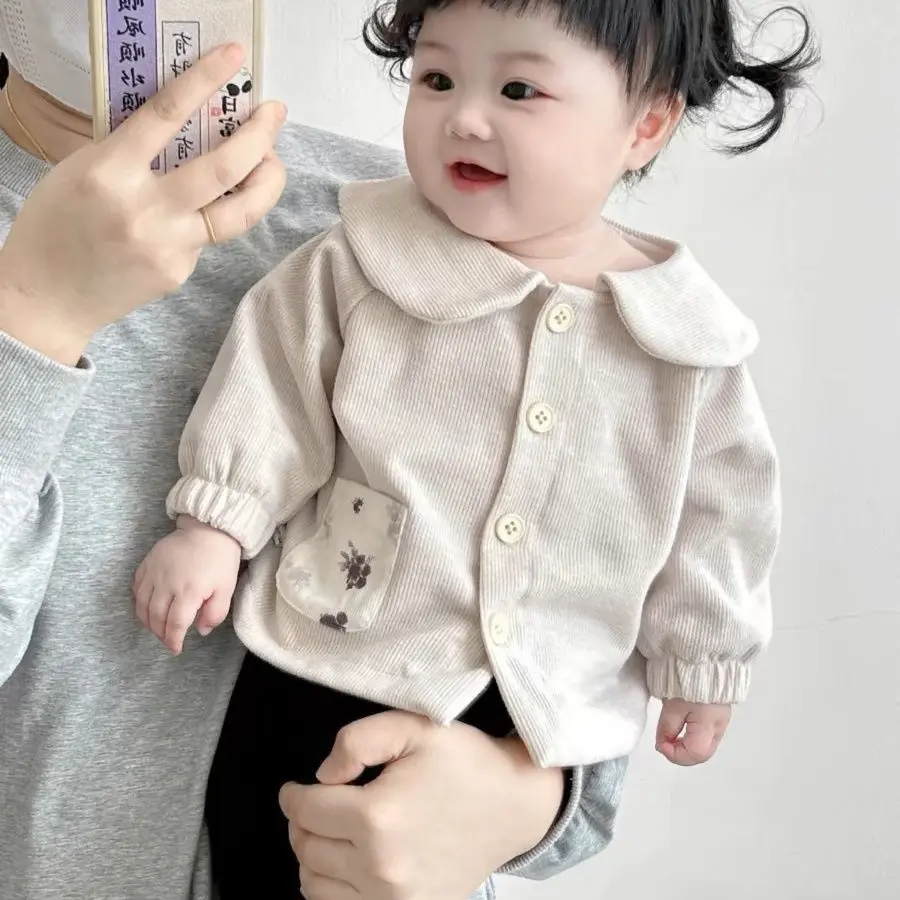 Áo Khoác Cardigan Cổ Búp Bê Cho Em Bé Gái, Hàng Mới Về Mùa Thu, Áo Dài Tay Tháng Nhỏ Bộ Đồ Thường Ngày Dễ Phối Đồ Bao Gồm Quần Dài Ong