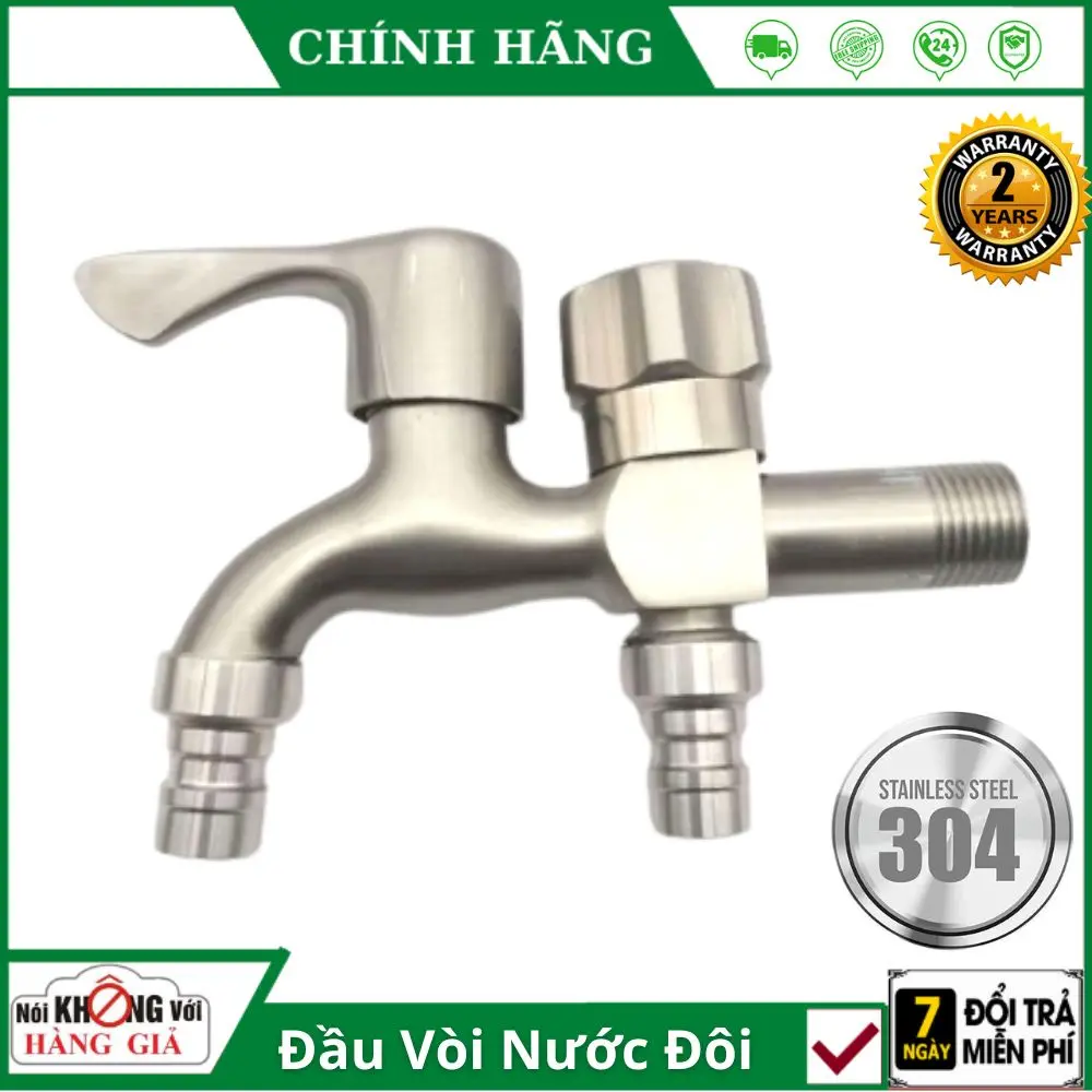 Vòi nước đôi 2 đầu ra inox 304 cao cấp SL02, đầu vào DN15 lắp cho ống D21mm - Bảo hành 24 tháng