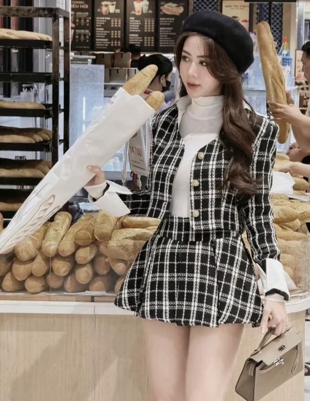  BIGSIZE HIẾU HIẾU  55-95KG  - Set dạ 2 món kẻ caro áo tay dài bẻ kèm chân váy dáng ngắn 