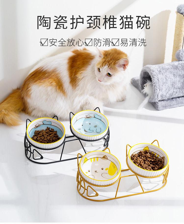Product Introduction of ชามคู่สำหรับแมวและสุนัข, วัสดุเซรามิก, ที่ใส่อาหารและน้ำสำหรับสัตว์เลี้ยง, ชั้นวางยกคงที่, ป้องกันกระดูกสันหลังส่วนคอ, ป้องกันการพลิกคว่ำ, ใหม่ในปี 2025 1