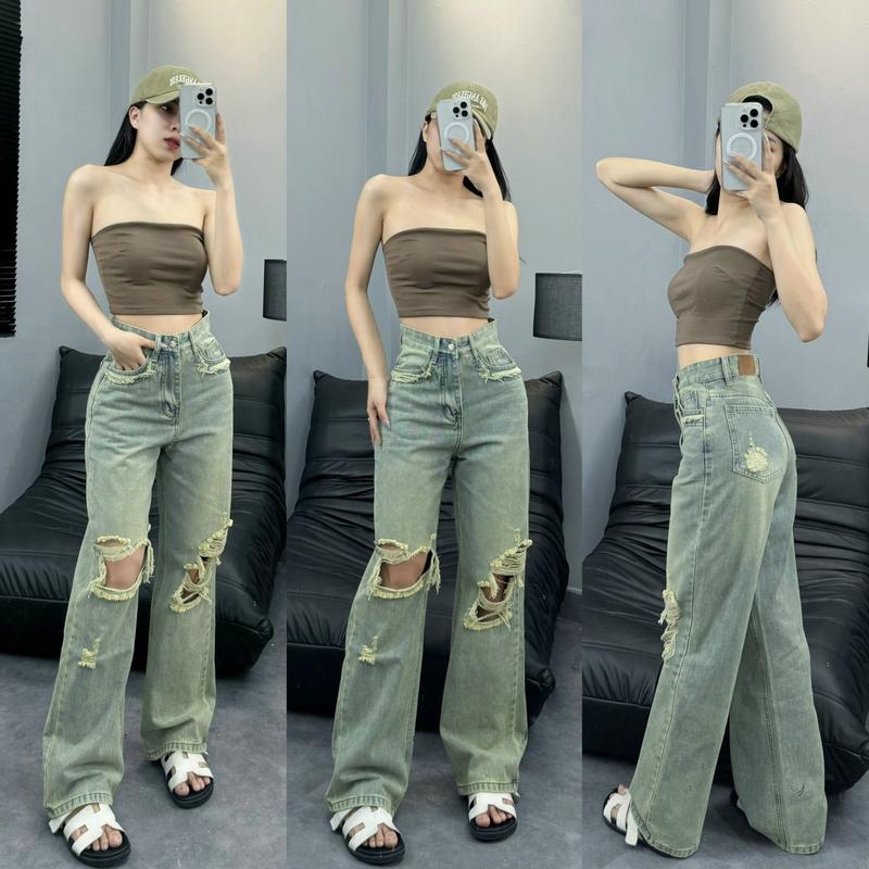 Quần Jeans Suông Rách Gối - Tua Túi , Màu Bụi Thời Trang (Mã11561)