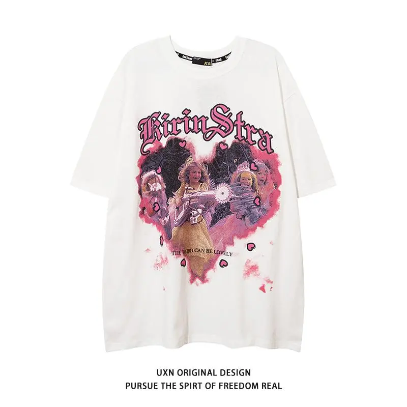 เสื้อยืดแขนสั้น สไตล์ดาราฮาเกาหลี CMDX032 สำหรับผู้ชายและผู้หญิง ลายทางและตัวอักษร ทรงหลวม พิมพ์ลายสกรีน เหมาะสำหรับฤดูร้อนและฤดูใบไม้ผลิ