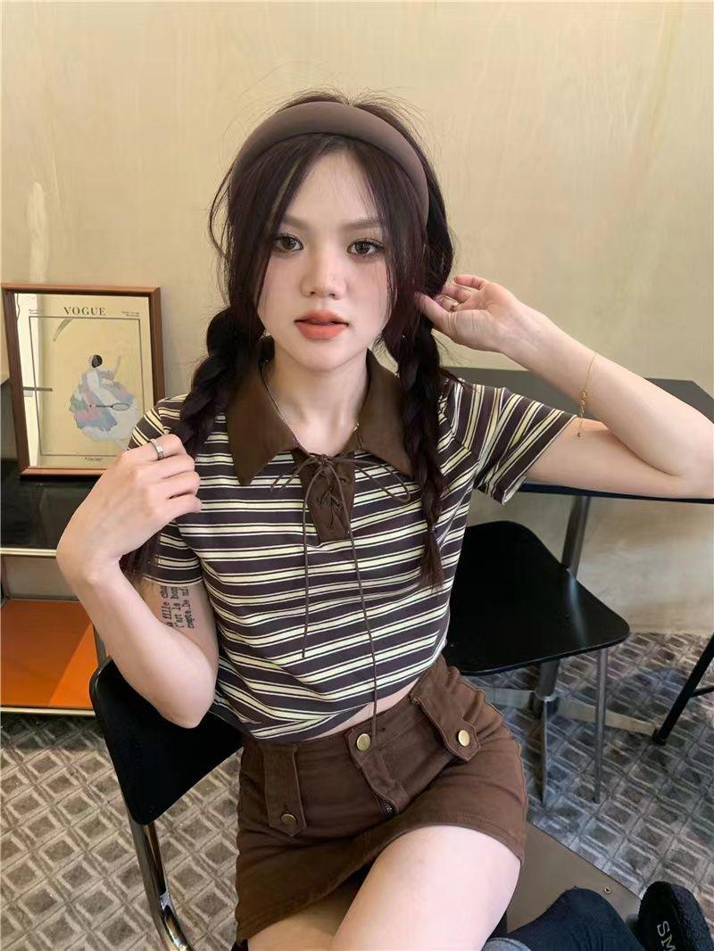 Product Introduction of Áo Thun Sọc, Cổ Polo Màu Tương Phản, Dành Cho Nữ, Phong Cách Cổ Điển Mùa Hè, Mỏng Vừa Vặn, Ngắn Tay, Áo Vai Ngắn, Bán Chạy 4