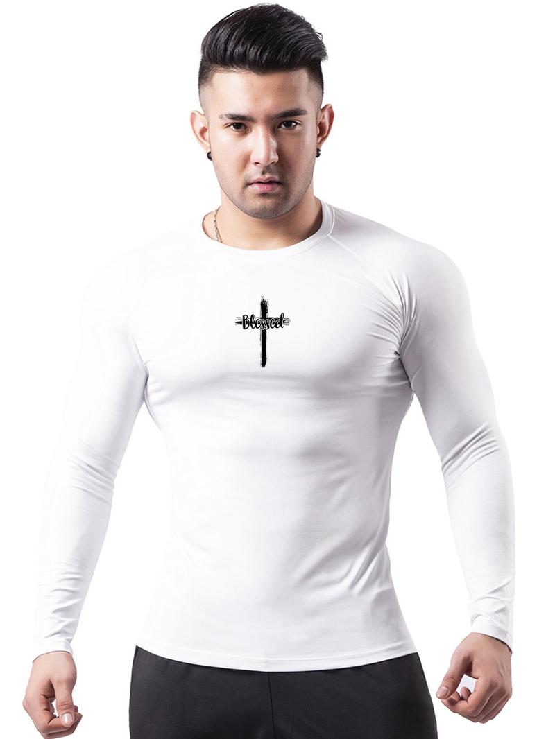 Product Introduction of Men's Cross Print Round Neck Long Sleeve Tee, Breathable Quick Drying T-shirt for Gym Workout Running, Men's Top for Spring & Fall 7