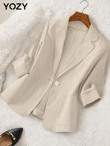 YOZY Women's Solid Button Front Pocket Blazer, Elegant Long Sleeve Lapel Neckline Blazer for Work Office Business, Ladies Spring & Fall Clothes