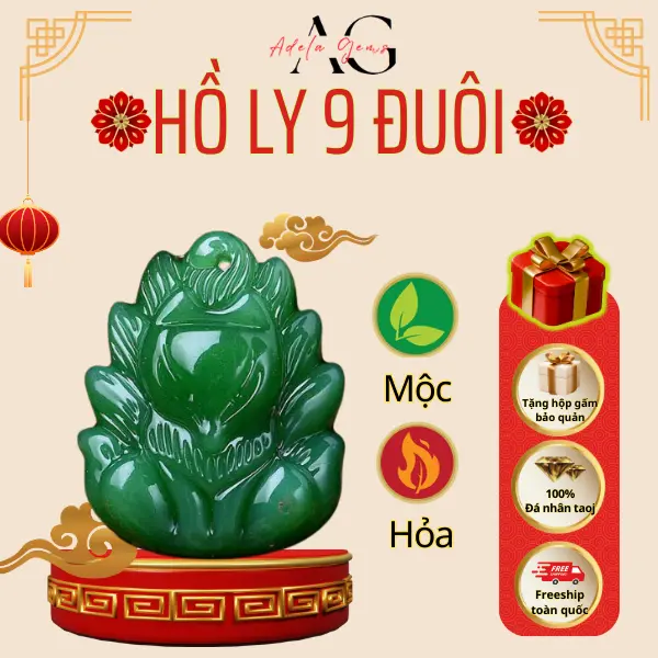 Dây Chuyền,Vòng Cổ,Trang Sức Phong Thủy Hồ Ly Chúa 9 Đuôi XANH  Đá Nhân Tạo Tặng Kèm Dây Da Và Hộp Gấm ADELA GEMS