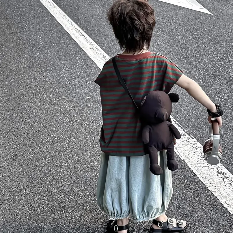 Bộ Quần Áo Trẻ Em, Phong Cách Hàn Quốc, Dành Cho Bé Trai Và Bé Gái, Áo Phông Và Quần Chống Muỗi Dáng Rộng, Bộ Áo Phông Khối Màu, Hợp Xu hướng, Mùa Hè 2024 4