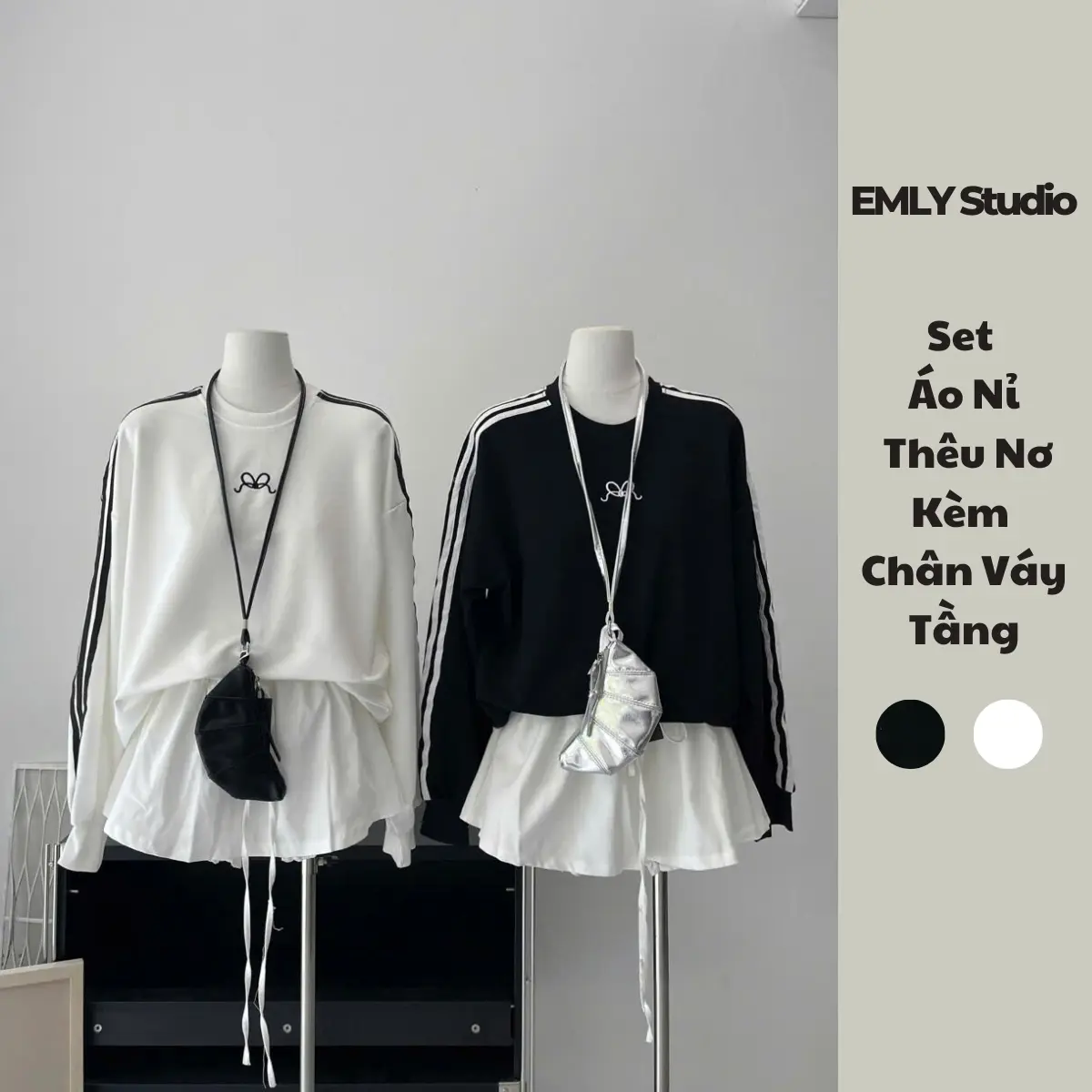 Set Áo Nỉ Thêu Nơ Kèm Chân Váy Thô Tầng, Set 2 Món Áo Nỉ Phối Sọc Thêu Nơ Fom Rộng EMLY
