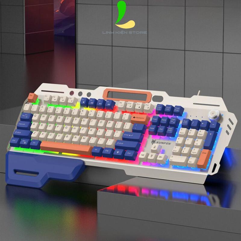 Bàn phím gaming XUNFOX K90 - Bàn phím chơi game thiết kế 104 phím có đèn led cầu vồng màu kèm nút điều chỉnh âm lượng